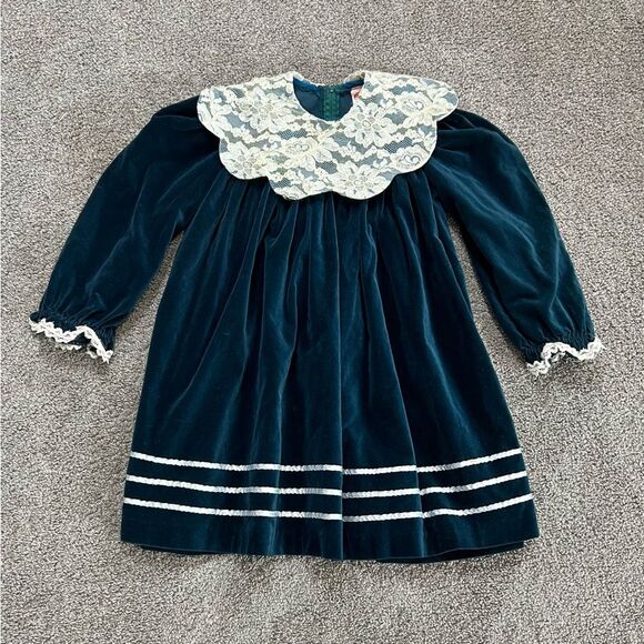 Vintage 1970’s Little Girl’s Turquoise Velvet Holiday Party Dress size 6 - Picture 2 of 13